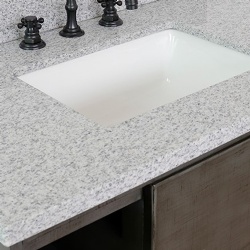 grey granite bath vanity top with wood cabinet and ceramic sink