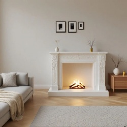 marble fireplace mantel with ornate carvings