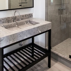 marble vanity with backsplash