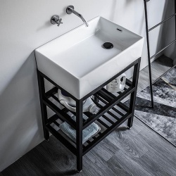 modern console sink vanity with matte black metal stand