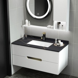 modern floating bath vanity with fluted wood cabinet and sintered stone top