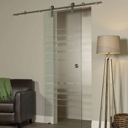 modern glass barn door with opaqute accents