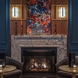 modern marble fireplace mantel in lobby lounge Wallace hotel