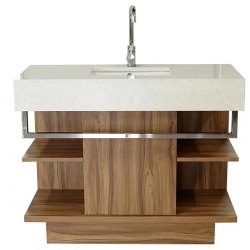 woodgrain bathroom vanity with quartz countertop